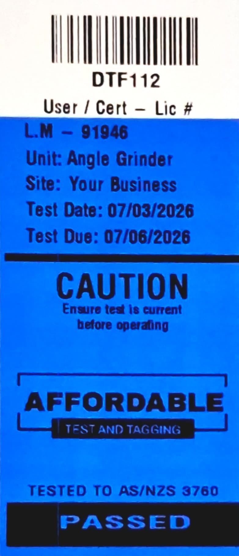 Passed test and tag label on electrical equipment