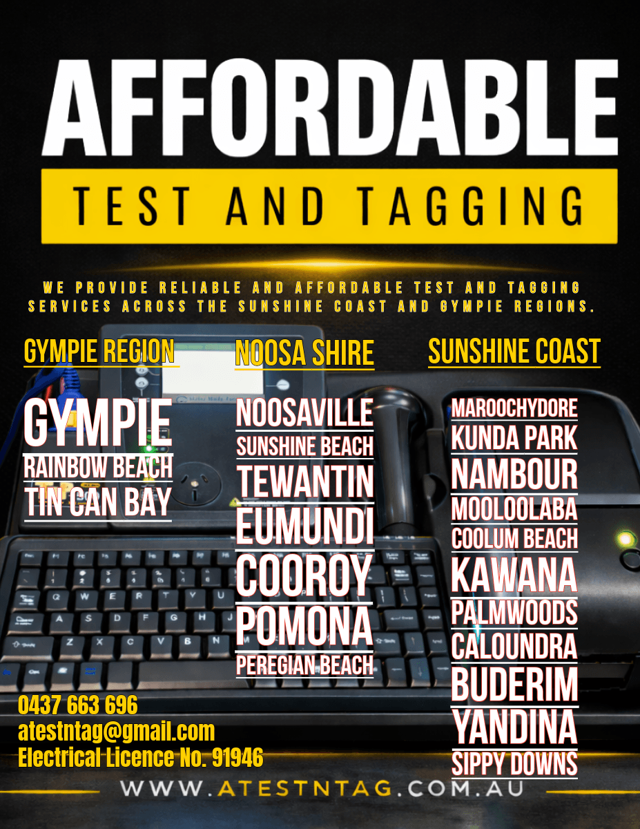 Affordable Test and Tagging service area map — Gympie Region, Noosa Shire, Sunshine Coast, Queensland