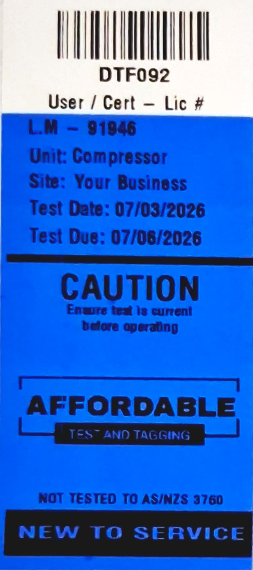New to service test and tag label on electrical equipment